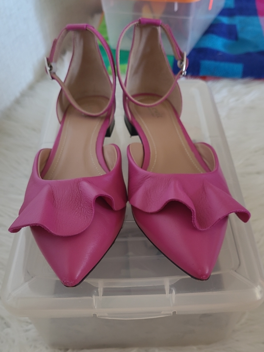 Italian,Lewit Pink Pointed Ankle-Strap Heels with Ruffle Trim